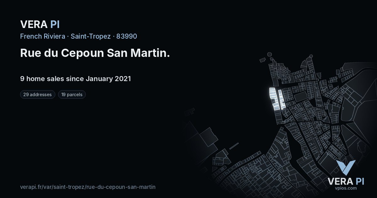 Rue du Cepoun San Martin, Saint-Tropez at night – every parcel coloured by the prices around it, the street's own parcels lit