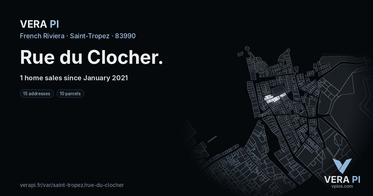 Rue du Clocher, Saint-Tropez at night – every parcel coloured by the prices around it, the street's own parcels lit