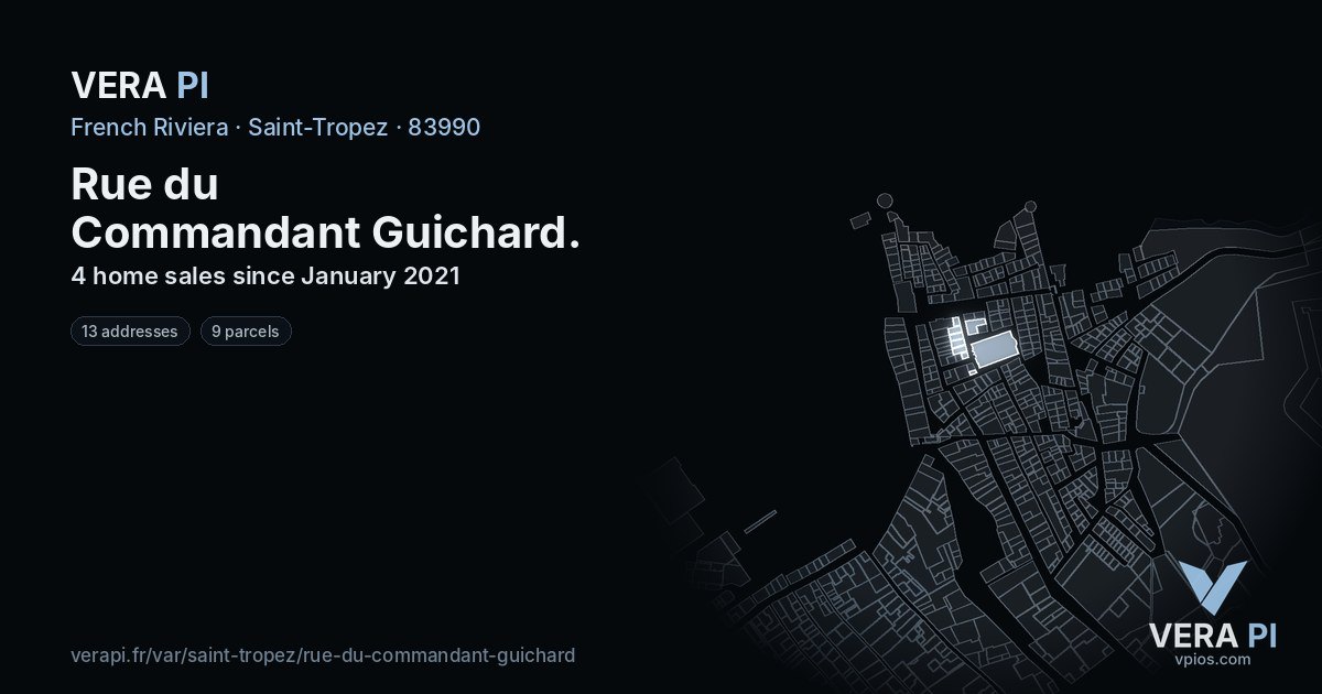 Rue du Commandant Guichard, Saint-Tropez at night – every parcel coloured by the prices around it, the street's own parcels lit