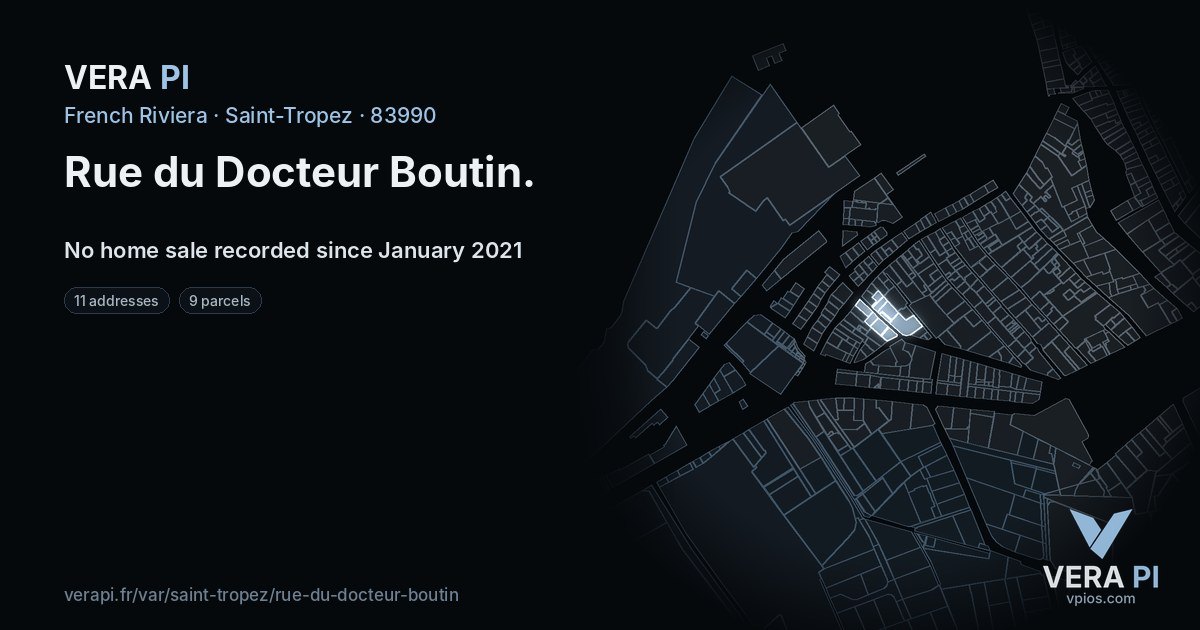 Rue du Docteur Boutin, Saint-Tropez at night – every parcel coloured by the prices around it, the street's own parcels lit