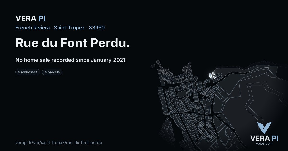 Rue du Font Perdu, Saint-Tropez at night – every parcel coloured by the prices around it, the street's own parcels lit