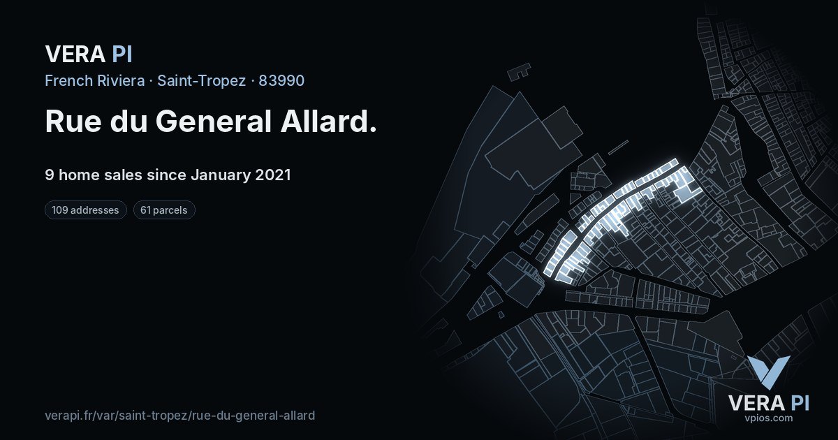 Rue du General Allard, Saint-Tropez at night – every parcel coloured by the prices around it, the street's own parcels lit