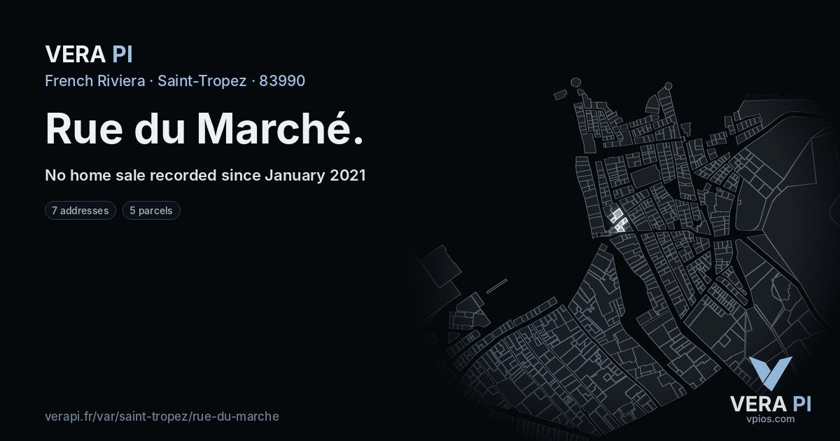 Rue du Marché, Saint-Tropez at night – every parcel coloured by the prices around it, the street's own parcels lit