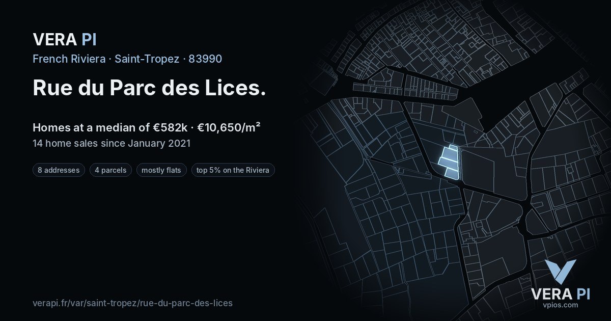Rue du Parc des Lices, Saint-Tropez at night – every parcel coloured by the prices around it, the street's own parcels lit