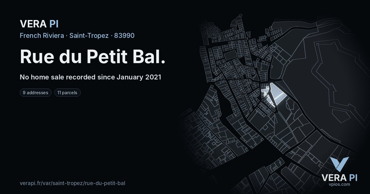 Rue du Petit Bal, Saint-Tropez at night – every parcel coloured by the prices around it, the street's own parcels lit