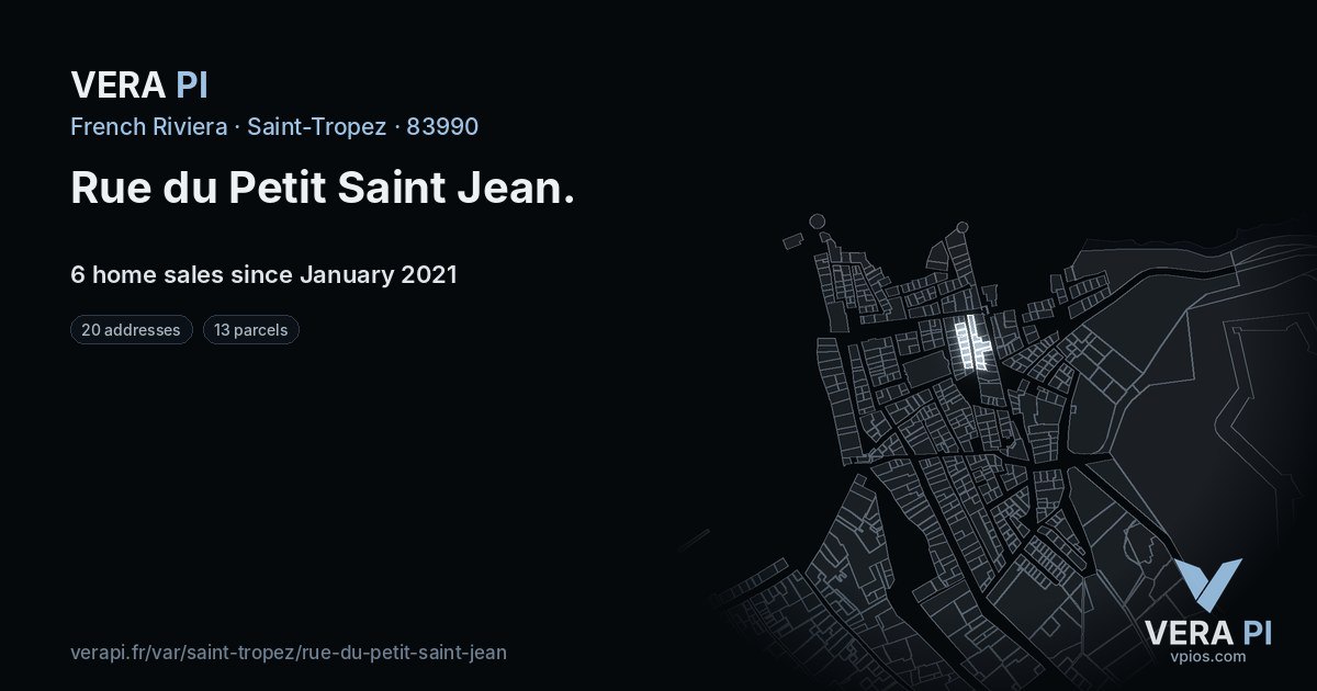 Rue du Petit Saint Jean, Saint-Tropez at night – every parcel coloured by the prices around it, the street's own parcels lit