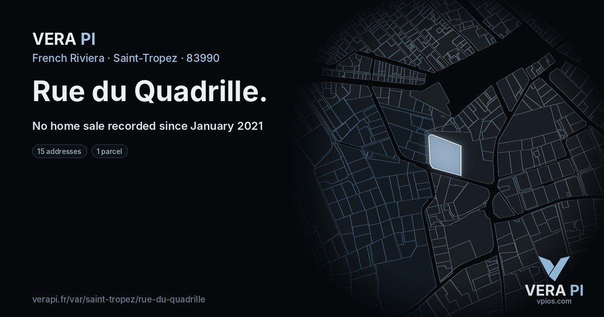 Rue du Quadrille, Saint-Tropez at night – every parcel coloured by the prices around it, the street's own parcels lit