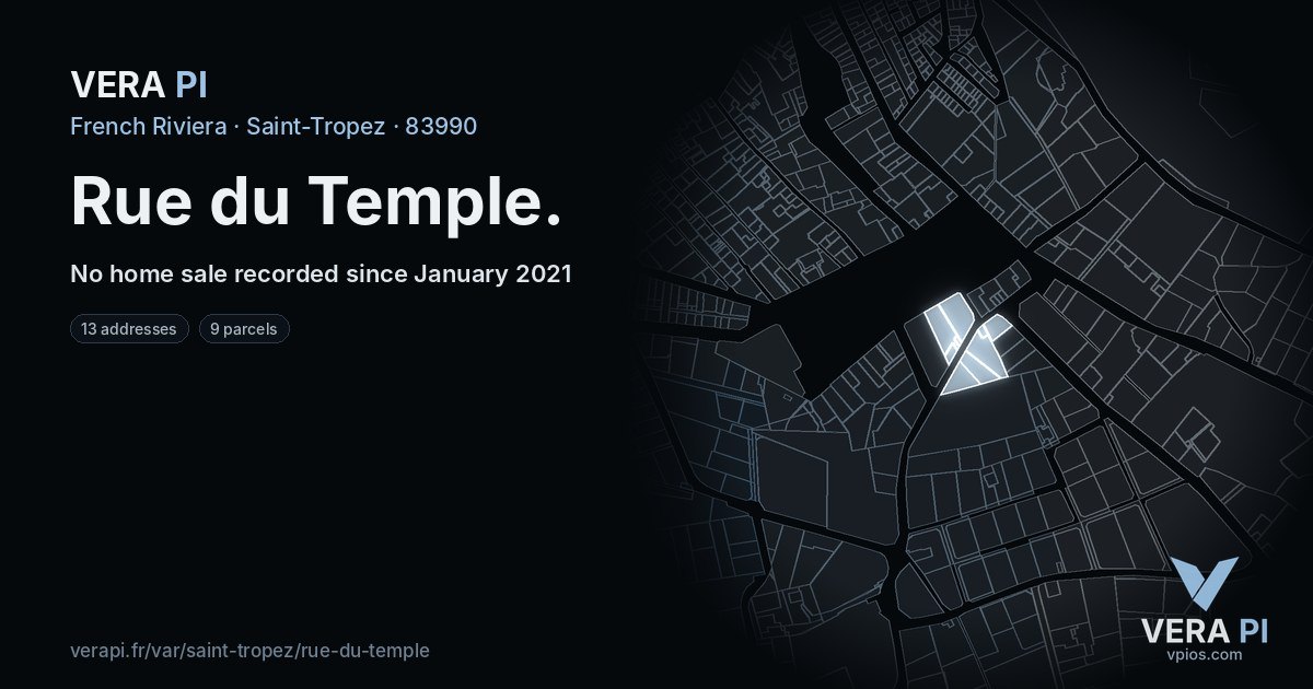 Rue du Temple, Saint-Tropez at night – every parcel coloured by the prices around it, the street's own parcels lit