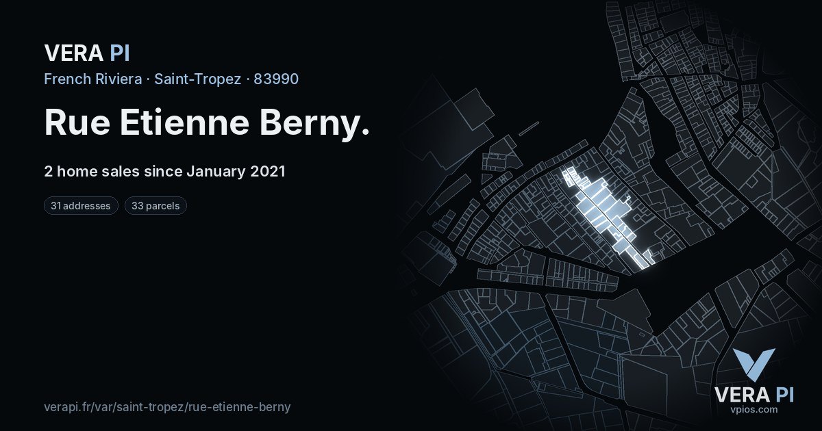 Rue Etienne Berny, Saint-Tropez at night – every parcel coloured by the prices around it, the street's own parcels lit