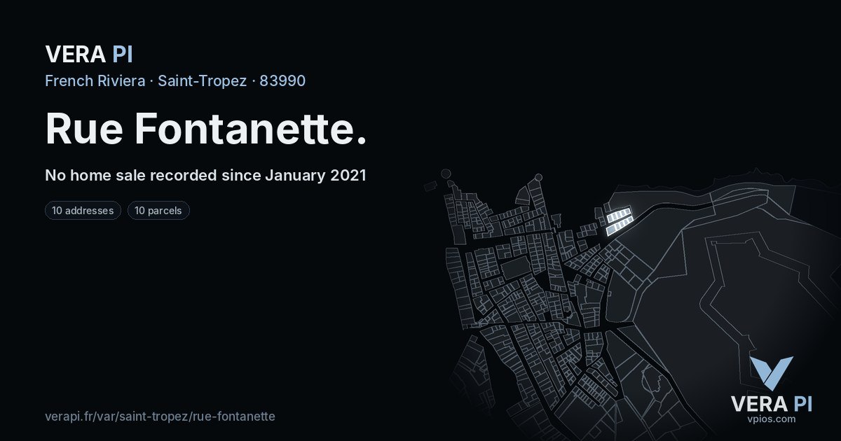 Rue Fontanette, Saint-Tropez at night – every parcel coloured by the prices around it, the street's own parcels lit
