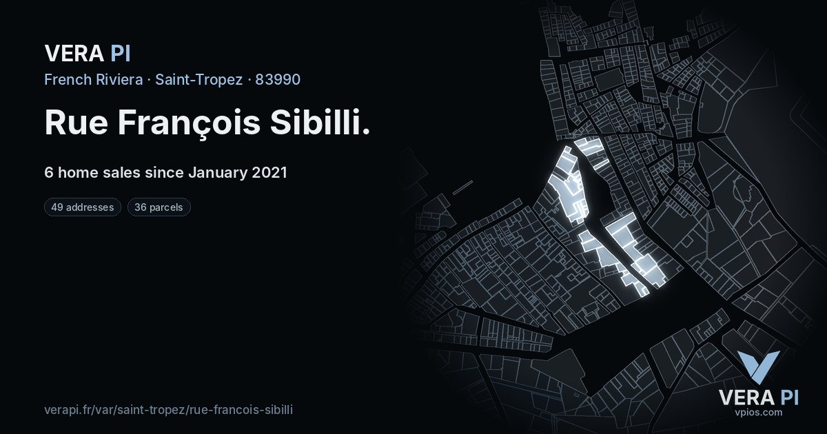 Rue François Sibilli, Saint-Tropez at night – every parcel coloured by the prices around it, the street's own parcels lit