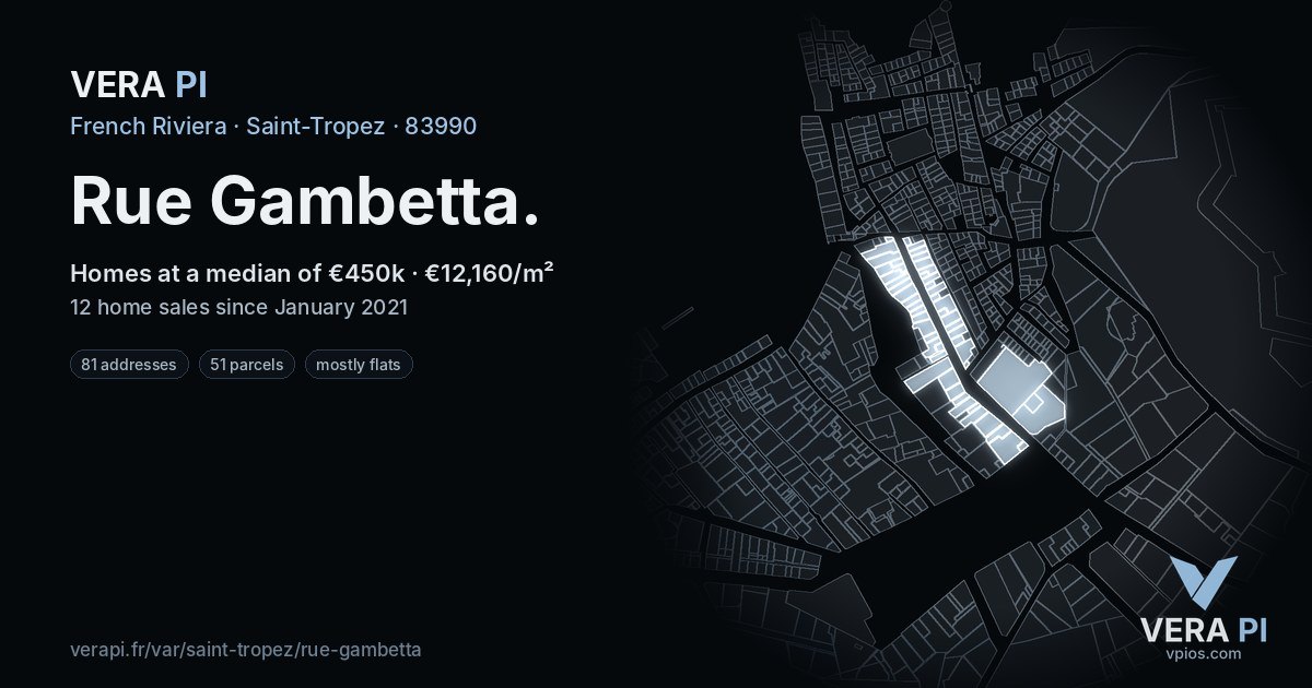 Rue Gambetta, Saint-Tropez at night – every parcel coloured by the prices around it, the street's own parcels lit