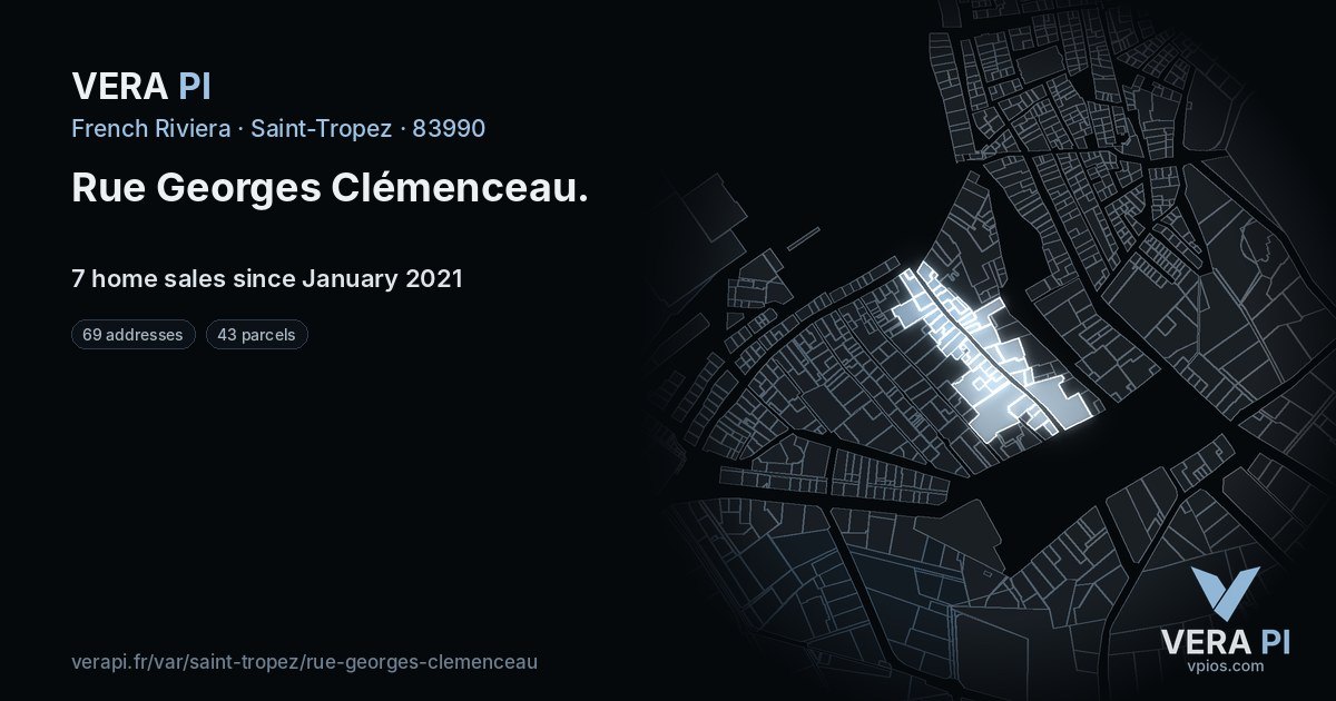 Rue Georges Clémenceau, Saint-Tropez at night – every parcel coloured by the prices around it, the street's own parcels lit