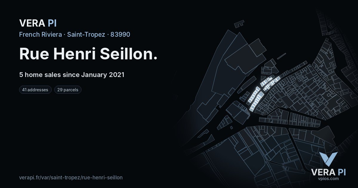 Rue Henri Seillon, Saint-Tropez at night – every parcel coloured by the prices around it, the street's own parcels lit