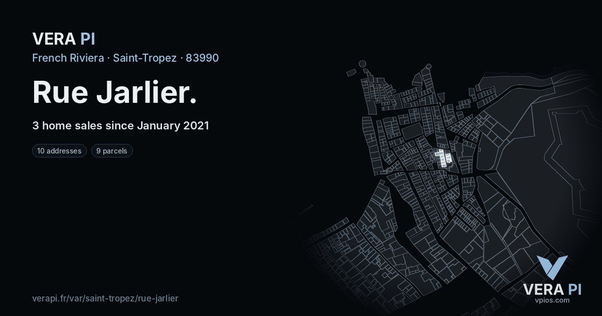 Rue Jarlier, Saint-Tropez at night – every parcel coloured by the prices around it, the street's own parcels lit