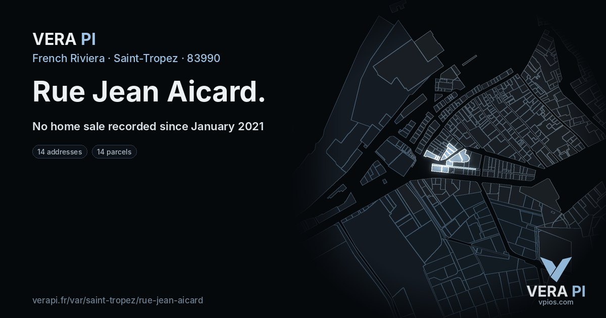 Rue Jean Aicard, Saint-Tropez at night – every parcel coloured by the prices around it, the street's own parcels lit