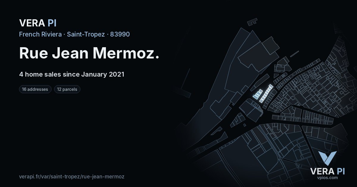 Rue Jean Mermoz, Saint-Tropez at night – every parcel coloured by the prices around it, the street's own parcels lit
