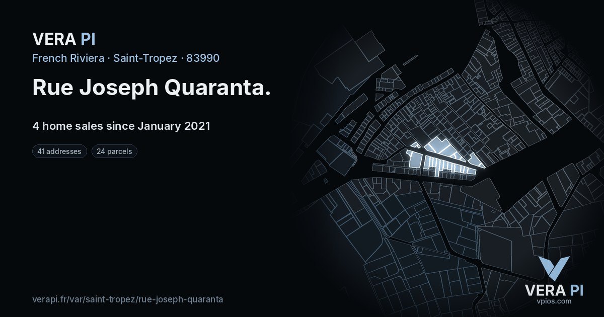 Rue Joseph Quaranta, Saint-Tropez at night – every parcel coloured by the prices around it, the street's own parcels lit
