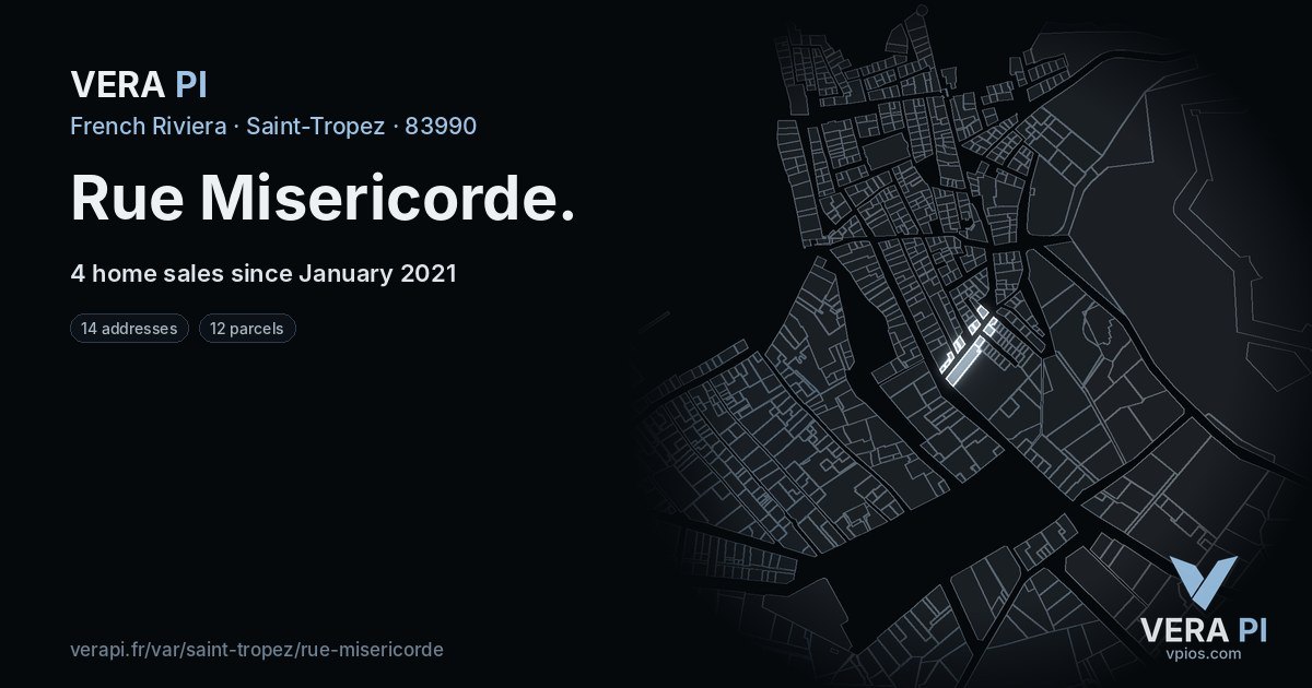 Rue Misericorde, Saint-Tropez at night – every parcel coloured by the prices around it, the street's own parcels lit