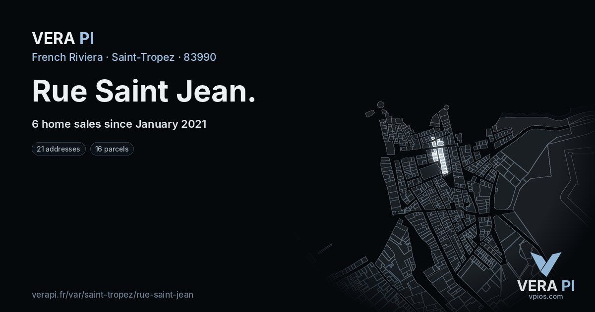 Rue Saint Jean, Saint-Tropez at night – every parcel coloured by the prices around it, the street's own parcels lit