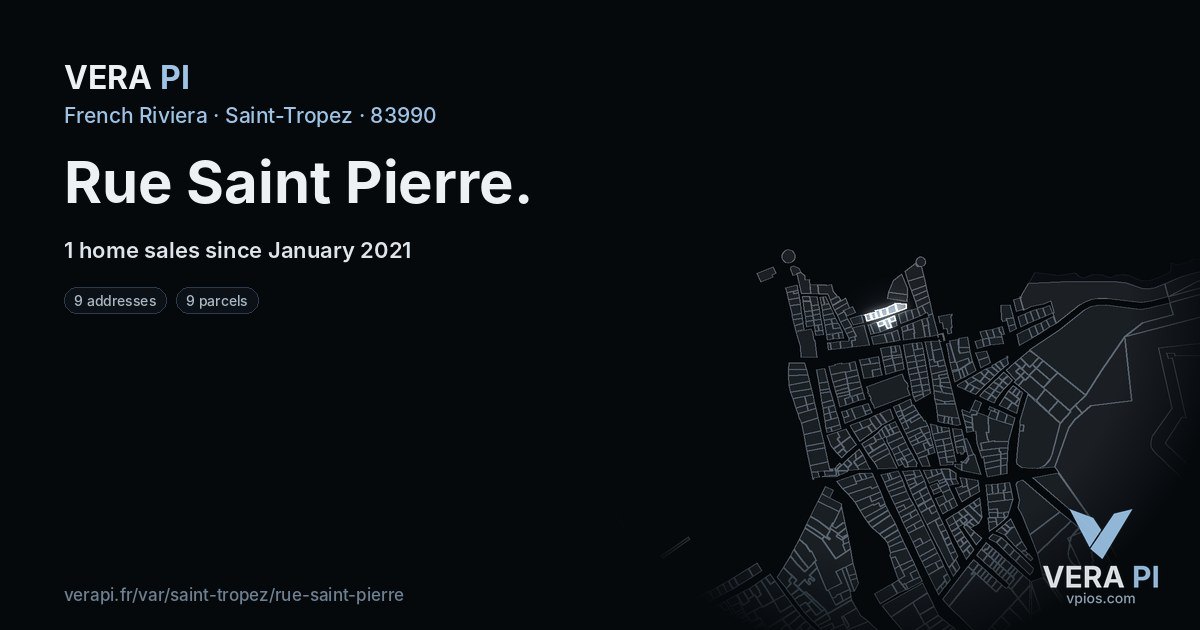 Rue Saint Pierre, Saint-Tropez at night – every parcel coloured by the prices around it, the street's own parcels lit