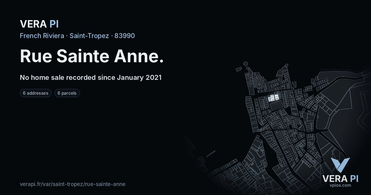 Rue Sainte Anne, Saint-Tropez at night – every parcel coloured by the prices around it, the street's own parcels lit