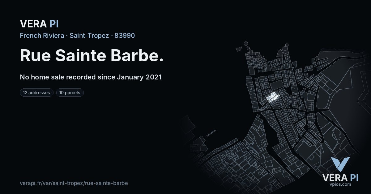 Rue Sainte Barbe, Saint-Tropez at night – every parcel coloured by the prices around it, the street's own parcels lit