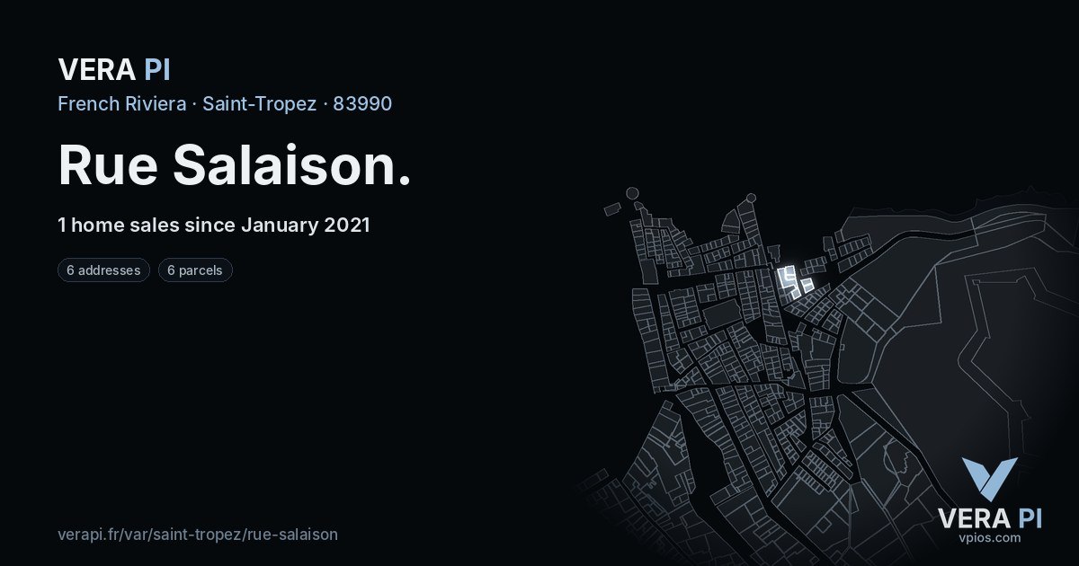 Rue Salaison, Saint-Tropez at night – every parcel coloured by the prices around it, the street's own parcels lit