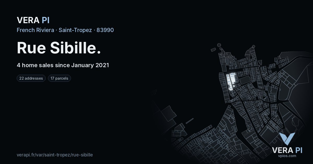 Rue Sibille, Saint-Tropez at night – every parcel coloured by the prices around it, the street's own parcels lit