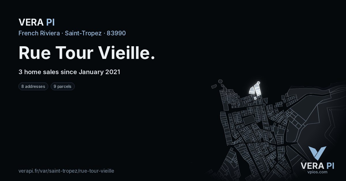 Rue Tour Vieille, Saint-Tropez at night – every parcel coloured by the prices around it, the street's own parcels lit