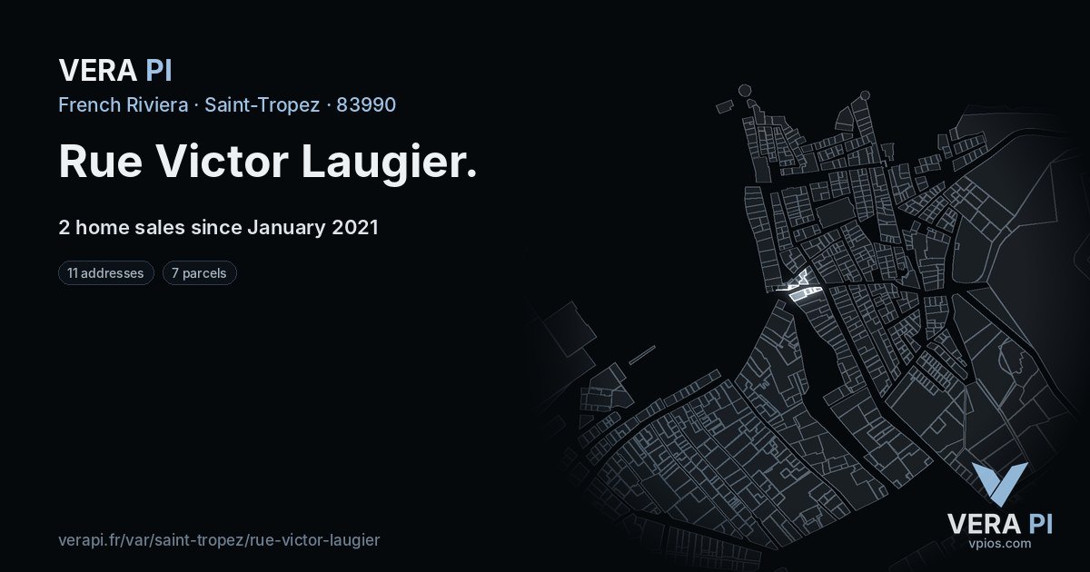 Rue Victor Laugier, Saint-Tropez at night – every parcel coloured by the prices around it, the street's own parcels lit