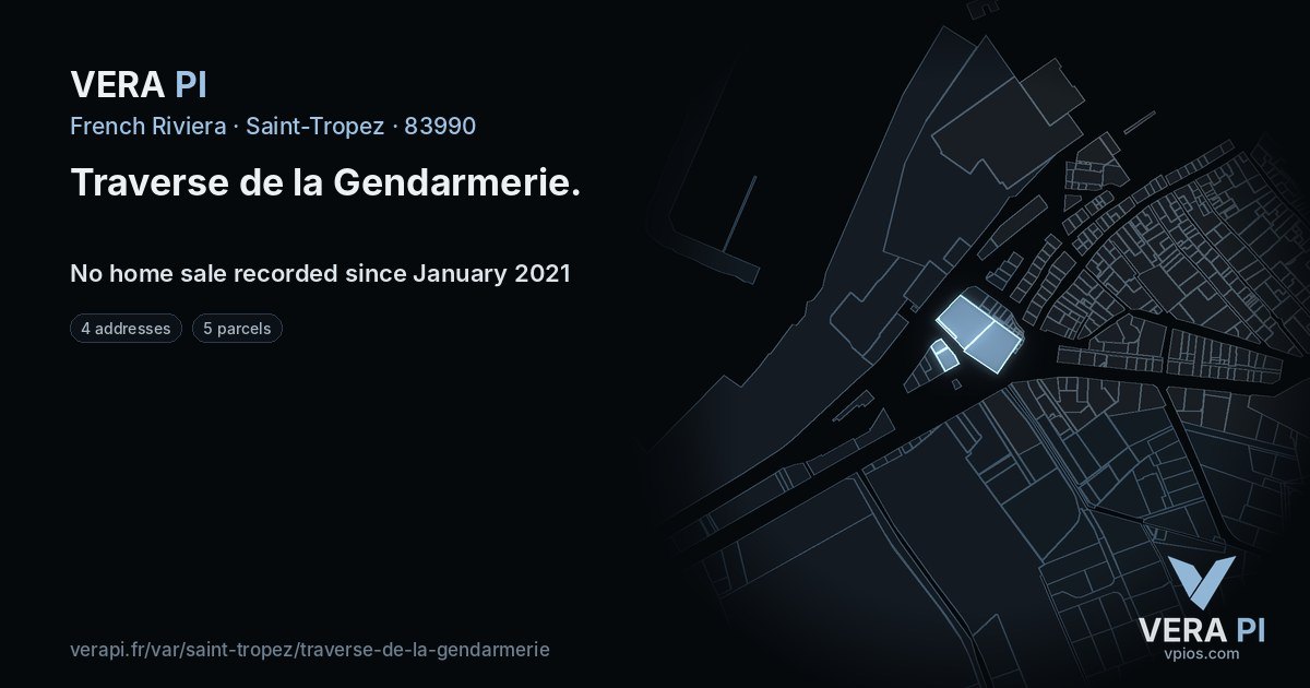 Traverse de la Gendarmerie, Saint-Tropez at night – every parcel coloured by the prices around it, the street's own parcels lit