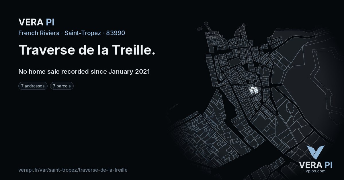 Traverse de la Treille, Saint-Tropez at night – every parcel coloured by the prices around it, the street's own parcels lit