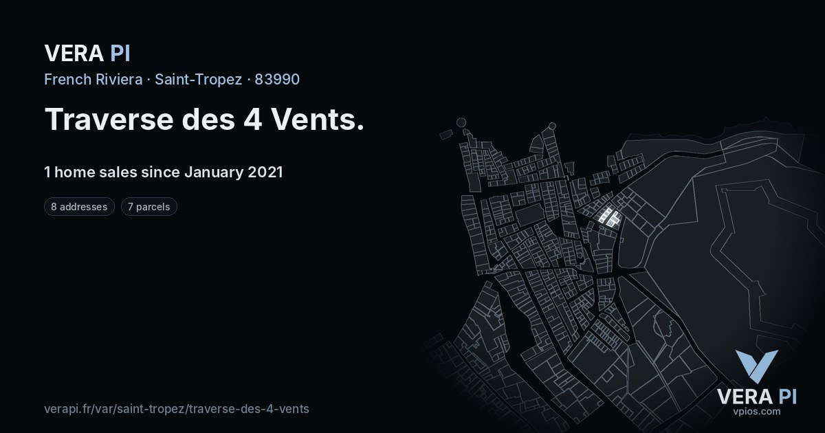 Traverse des 4 Vents, Saint-Tropez at night – every parcel coloured by the prices around it, the street's own parcels lit