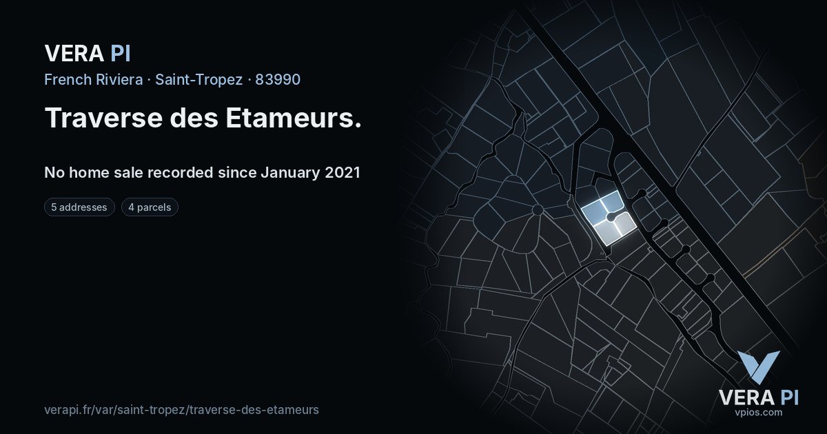 Traverse des Etameurs, Saint-Tropez at night – every parcel coloured by the prices around it, the street's own parcels lit