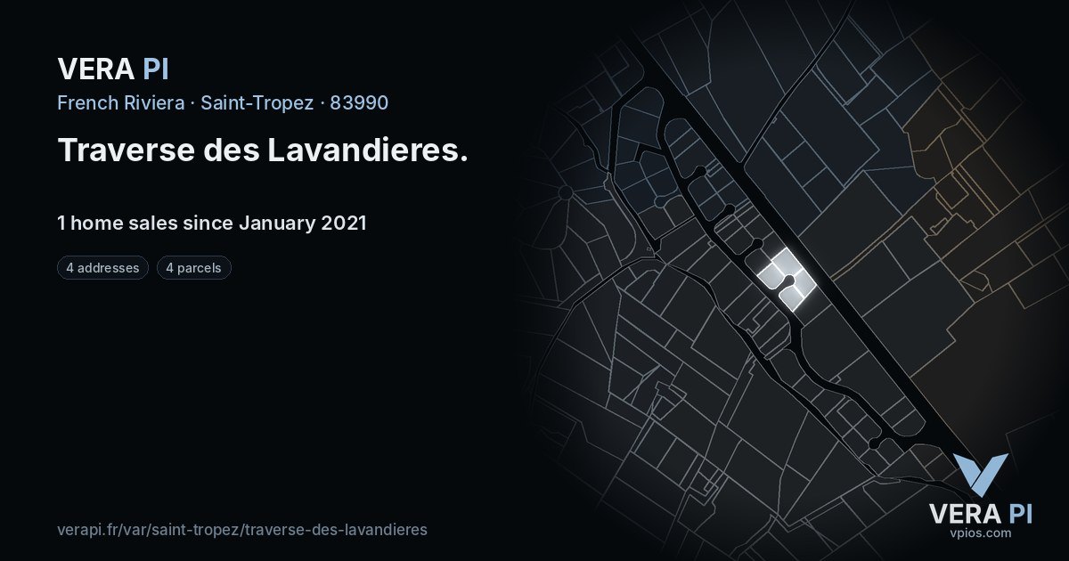 Traverse des Lavandieres, Saint-Tropez at night – every parcel coloured by the prices around it, the street's own parcels lit