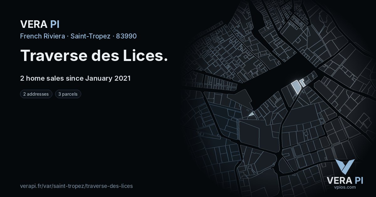 Traverse des Lices, Saint-Tropez at night – every parcel coloured by the prices around it, the street's own parcels lit