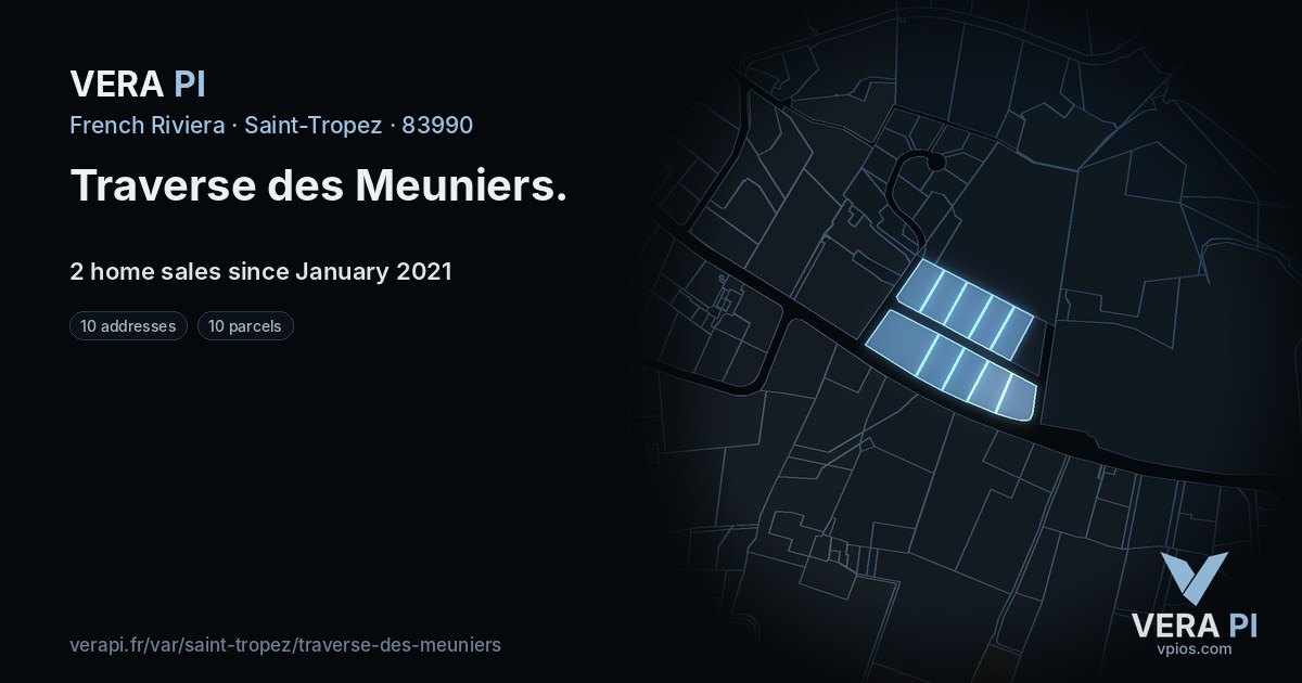 Traverse des Meuniers, Saint-Tropez at night – every parcel coloured by the prices around it, the street's own parcels lit