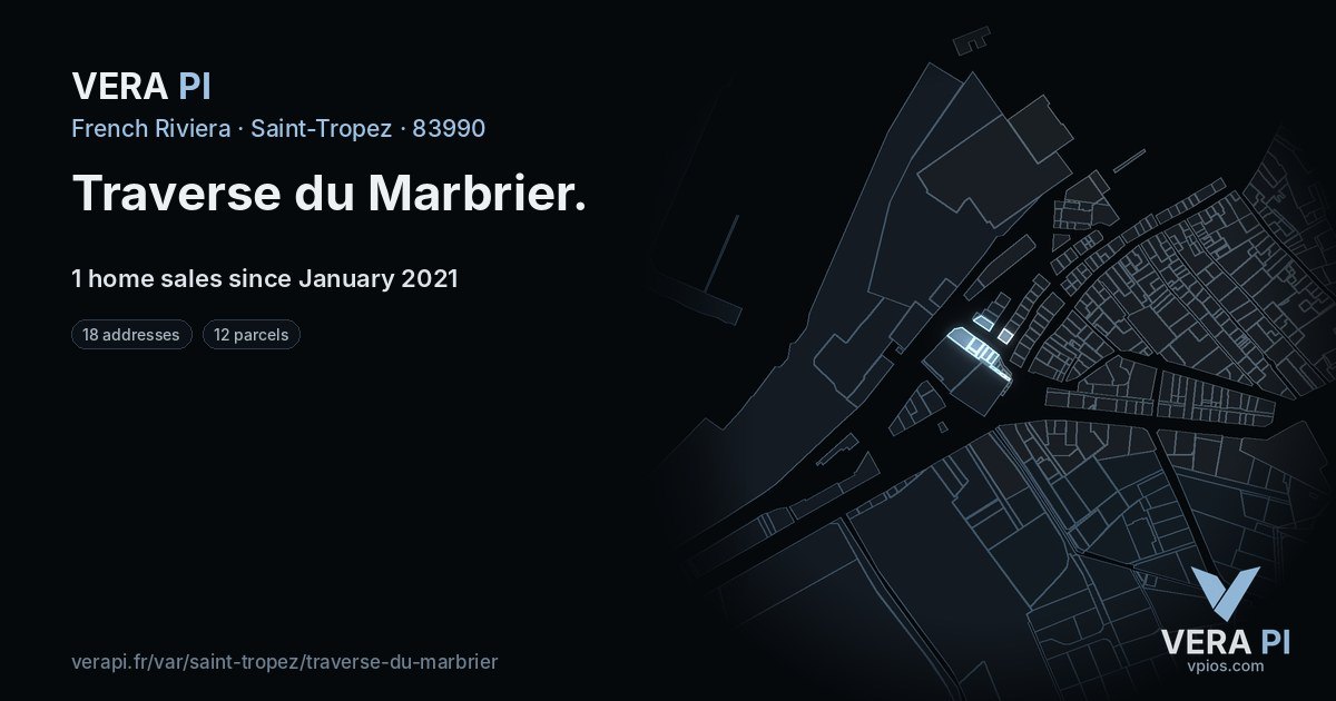Traverse du Marbrier, Saint-Tropez at night – every parcel coloured by the prices around it, the street's own parcels lit
