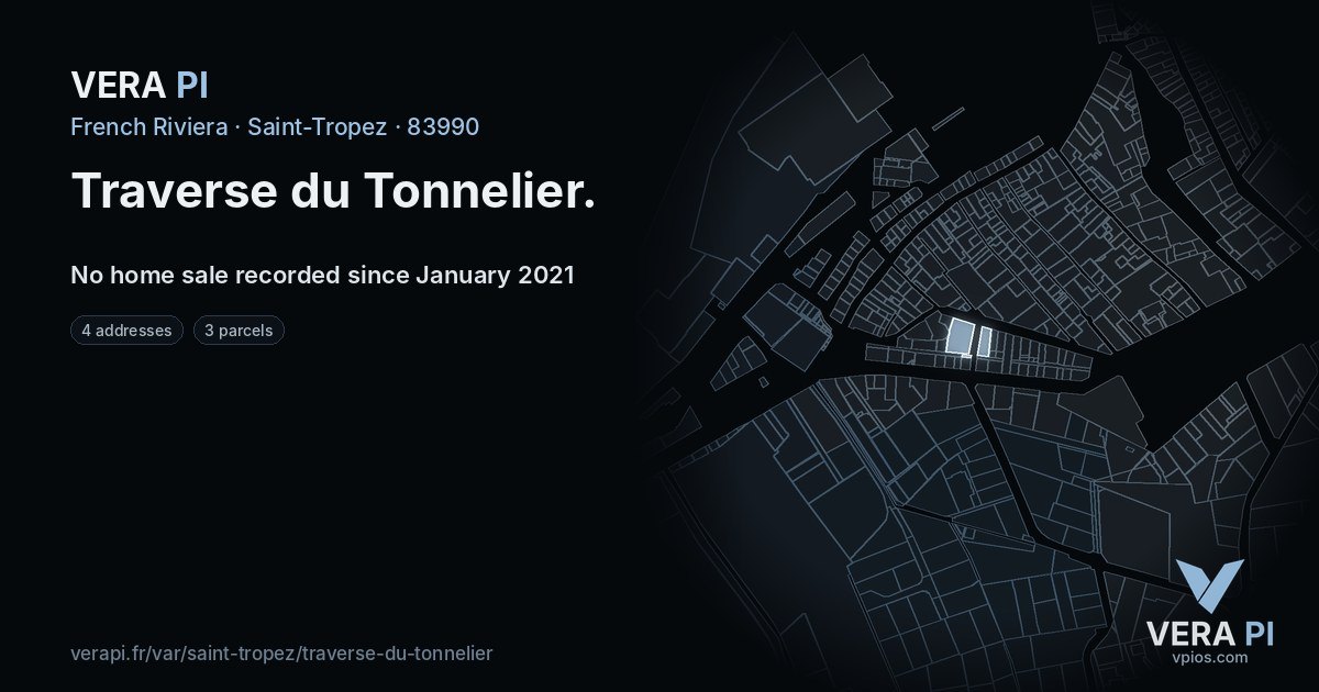 Traverse du Tonnelier, Saint-Tropez at night – every parcel coloured by the prices around it, the street's own parcels lit