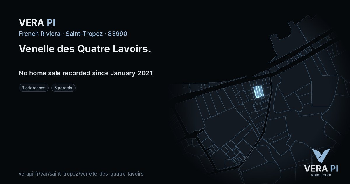 Venelle des Quatre Lavoirs, Saint-Tropez at night – every parcel coloured by the prices around it, the street's own parcels lit