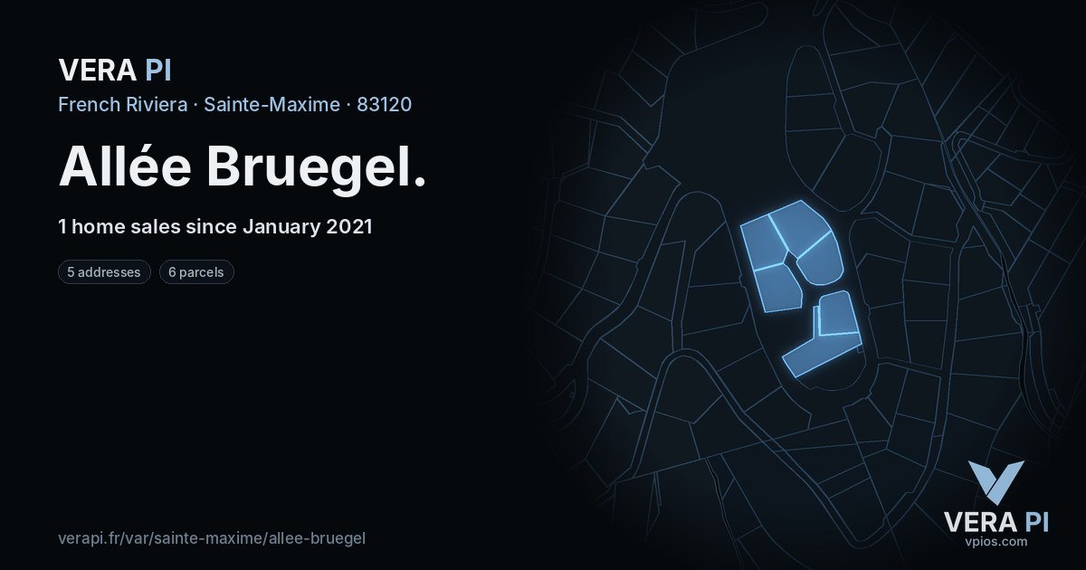 Allée Bruegel, Sainte-Maxime at night – every parcel coloured by the prices around it, the street's own parcels lit