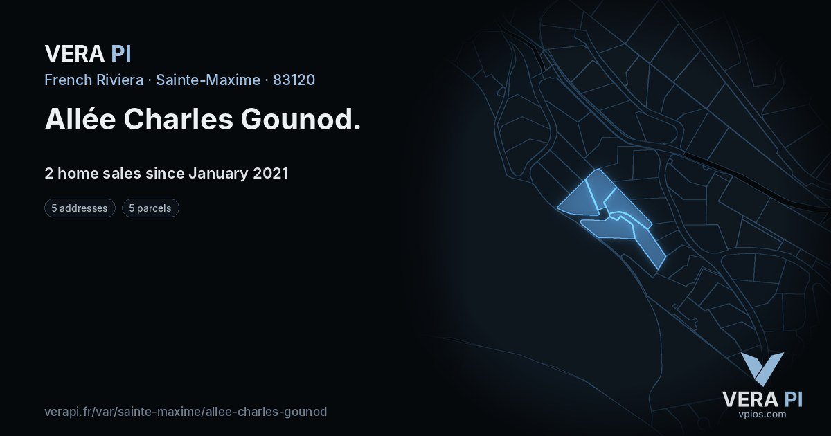 Allée Charles Gounod, Sainte-Maxime at night – every parcel coloured by the prices around it, the street's own parcels lit