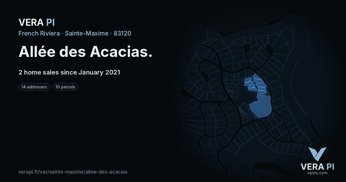 Allée des Acacias, Sainte-Maxime at night – every parcel coloured by the prices around it, the street's own parcels lit