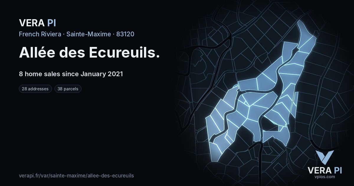 Allée des Ecureuils, Sainte-Maxime at night – every parcel coloured by the prices around it, the street's own parcels lit
