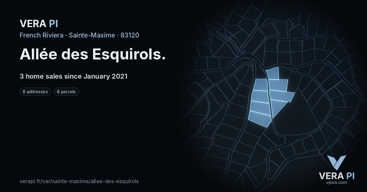 Allée des Esquirols, Sainte-Maxime at night – every parcel coloured by the prices around it, the street's own parcels lit