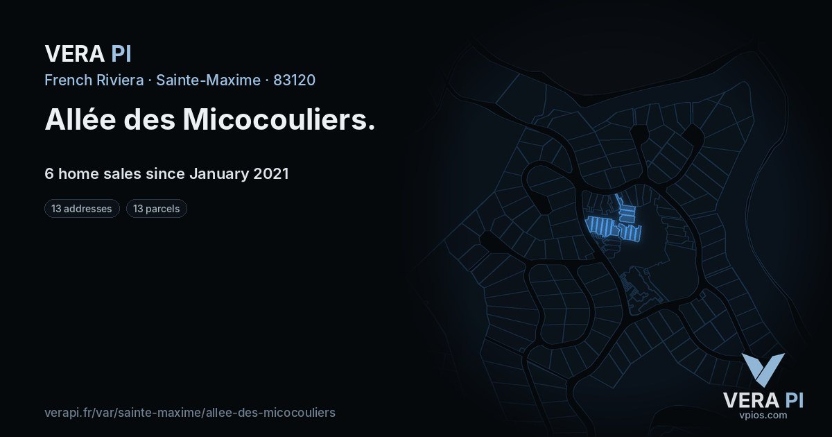 Allée des Micocouliers, Sainte-Maxime at night – every parcel coloured by the prices around it, the street's own parcels lit