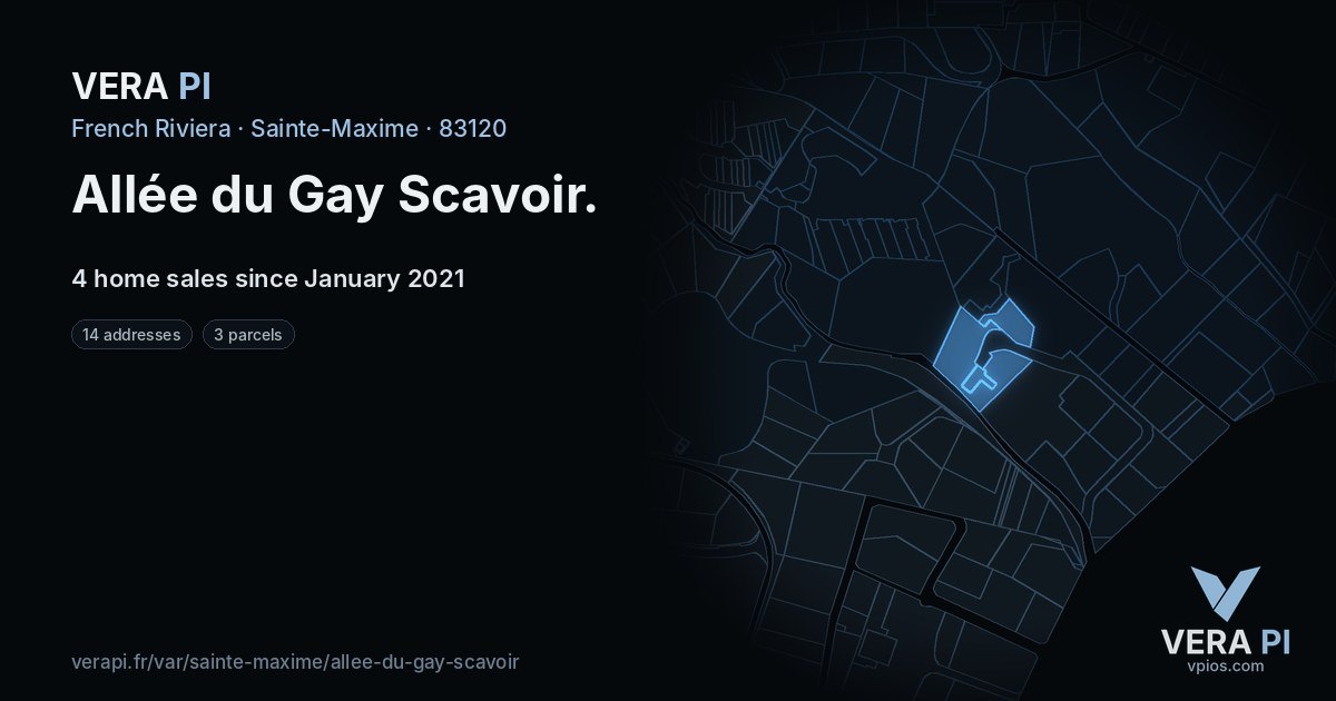 Allée du Gay Scavoir, Sainte-Maxime at night – every parcel coloured by the prices around it, the street's own parcels lit