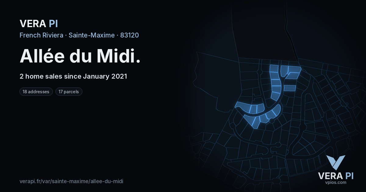Allée du Midi, Sainte-Maxime at night – every parcel coloured by the prices around it, the street's own parcels lit