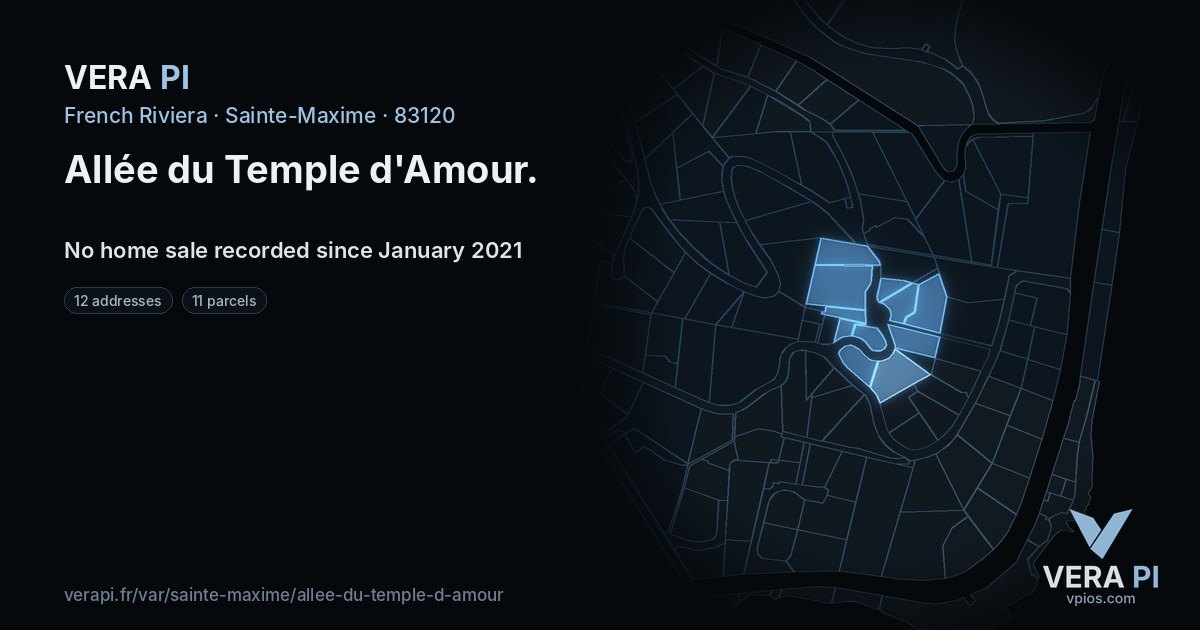 Allée du Temple d'Amour, Sainte-Maxime at night – every parcel coloured by the prices around it, the street's own parcels lit
